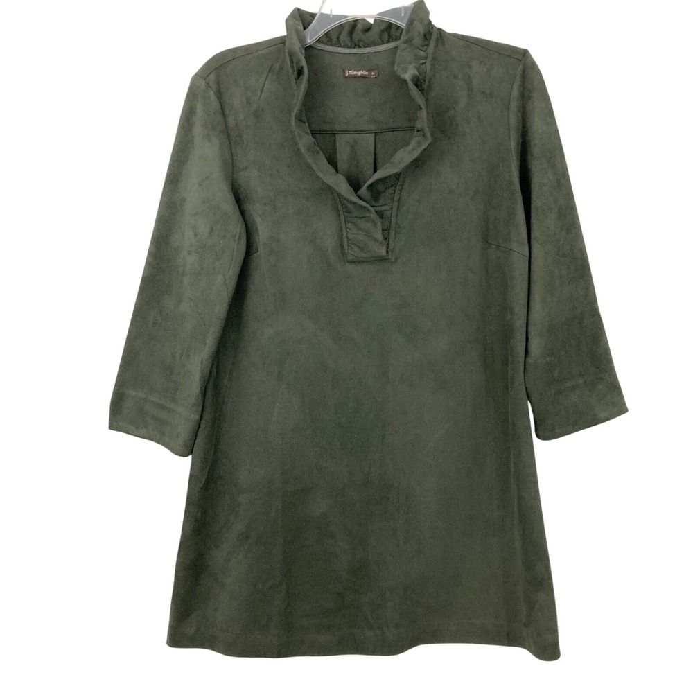 J. McLaughlin Olive Green Faux Suede‎ Ruffle Collar Top Size M 3/4 Sleeve Soft